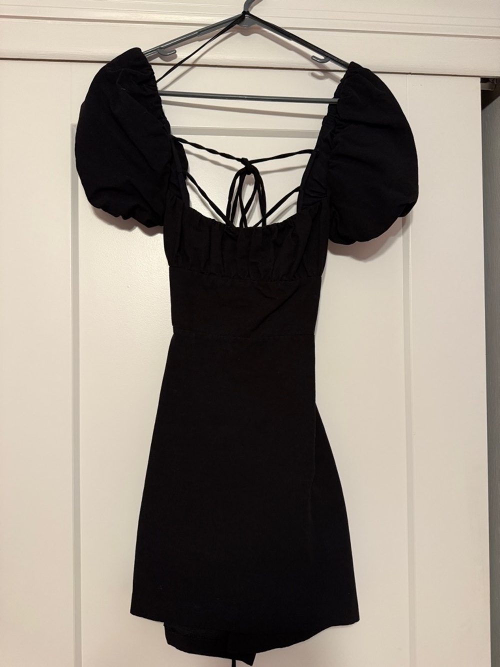 Zara Black Puff-Sleeve Mini Dress with Lace-Back Detail